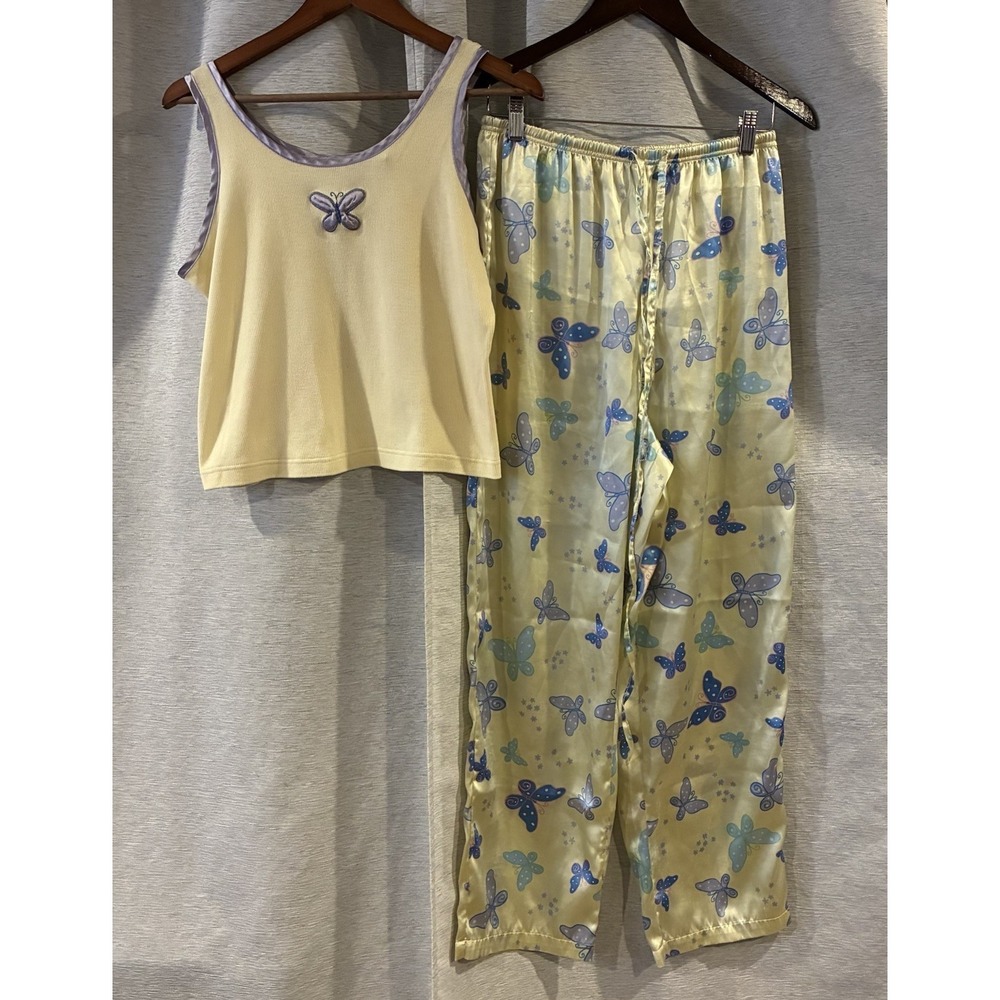 Y2K Fashion Bug Butterfly Satin Pajama Set Size Medium Yellow